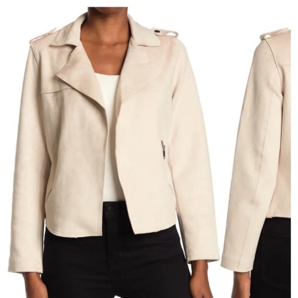 NWT T Tahari Bone White Faux Leather Crop Moto Suede Style Jacket Size Medium